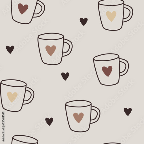Cute seamless vector pattern with coffee and tea mugs with hearts. Vector illustration in Doodle style. For wallpaper, textiles, fabric, paper.
