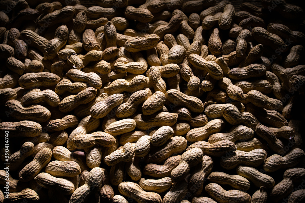 Obraz premium group of peanuts close up. peanuts as a background. peanuts with dramatic light.