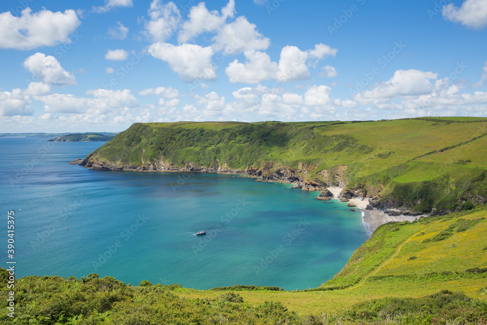 Lantic Bay Cornwall stunning cornish scene with turquoise and blue sea on a beautiful summer day