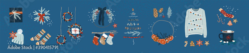 Winter favorites cartoon bundle. Christmas essentials clipart with socks, gifts, hat, hot cocoa, cozy sweater, twinkling lights, gingerbread. Door wreath with dried oranges for festive decorations.