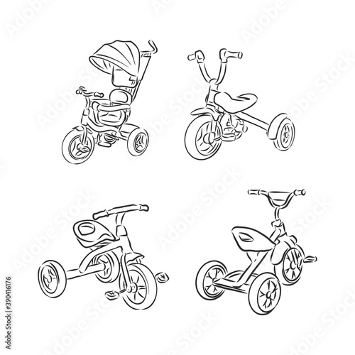 Hand drawn kid bicycle doodle. Sketch children's toy icon. Decoration element. Isolated on white background. Vector illustration. children's Bicycle vector sketch illustration