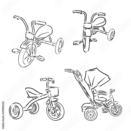 Hand drawn kid bicycle doodle. Sketch children's toy icon. Decoration element. Isolated on white background. Vector illustration. children's Bicycle vector sketch illustration