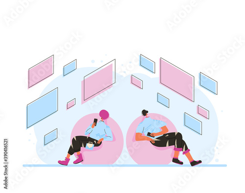 AR concept. Adult characters online communication. Two persons wearing in casual clothes sitting in round chairs with phones and using modern technology. Augmented reality Vector illustration.