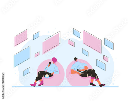 AR concept. Adult characters online communication. Two persons wearing in casual clothes sitting in round chairs with phones and using modern technology. Augmented reality Vector  illustration.