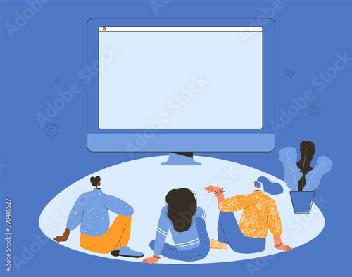 Friends meeting. Staycation. Three young women sitting on floor. Adult characters on group psychotherapy. Female persons wearing in casual clothes talking each other. Vector illustration.