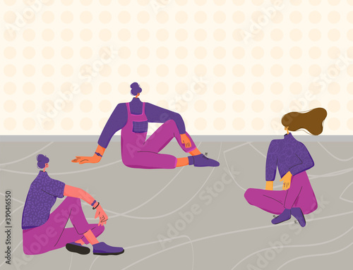 Friends meeting. Staycation. Three young women sitting on floor. Adult characters on group psychotherapy. Female persons wearing in casual clothes talking each other. Vector illustration.