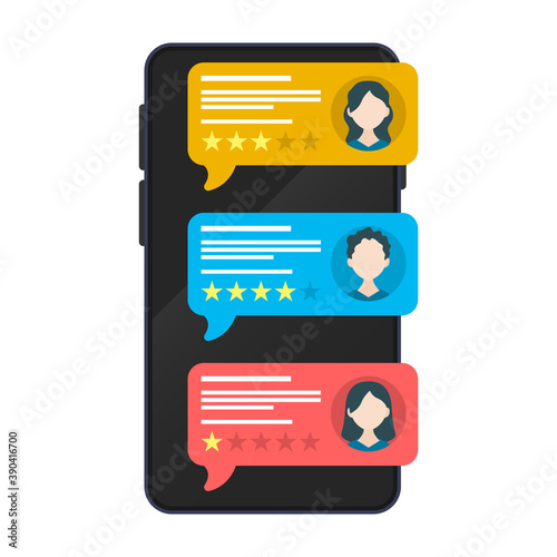 Feedback review bubble speeches on mobile phone, smartphone with good and bad rate. Feedback bubble speech with stars and avatars. 
