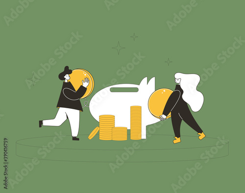 Savings concept. Young people putting a huge coins and paper money to piggy bank. Family budget. Line art vector illustration.