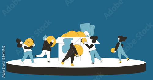 Crowdfunding concept. Young people raising money together. characters with huge coins and donation box. Startup investment with volunteers. Line art vector illustration.