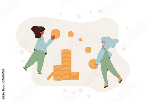 Money income concept. Two teenagers with big coins. Line art  vector illustration.