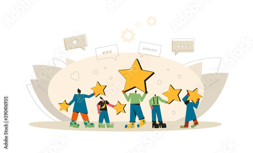 Consumer product review . Feedback concept. Happy clients. People holding stars in their hands. Service rating. Satisfaction level. Vector illustration.