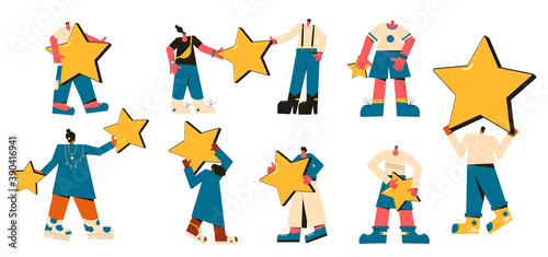 Feedback elements set. Client review. People holding stars in their hands set isolated on white background. Service rating. Satisfaction level. Consumer product review. Vector illustration.