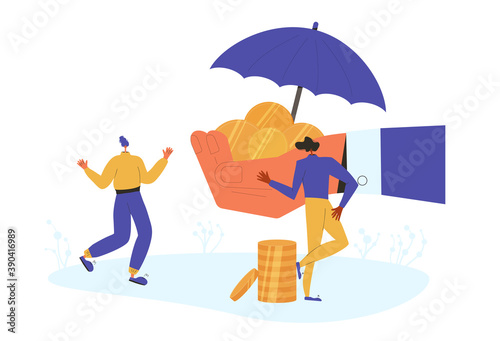Financial growth  and insurance. Retirement savings. Money protection. Pension funds. Tiny people standing with huge envelop of money, coins under an umbrella. Vector color flat illustration.