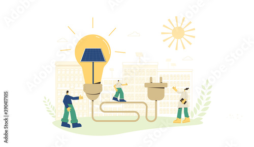 Solar energy system concept. Installing solar modules. Scene with people group and renewable alternative electricity symbol. Family citizens. Sustainable development. Vector illustration.
