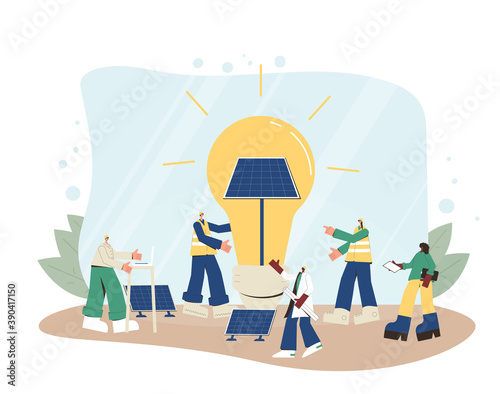 Solar panels installing. Field service technicians workers, architect,  mechanical engineer and project coordinator building moduls. Renewable alternative electricity. Green tech. Vector illustration