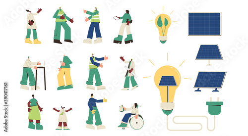 Solar energy system set. Field service technician, worker, engineer,  project manager, architect, clients and panel symbols isolated on white background. Sustainable development. Vector illustration.