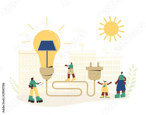 Solar energy system concept. Installing solar modules. Scene with people group and renewable alternative electricity symbol. Family citizens. Sustainable development. Vector illustration.