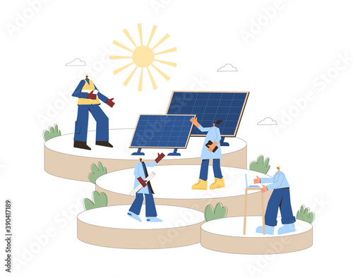 Solar energy system concept. Installing solar modules. Field service technician, worker, engineer and manager. Scene with professional team and panels. Sustainable development. Vector flat.