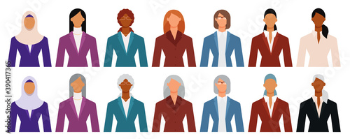 Set of diverse business woman wearing formal suit icon isolated on white. Flat design vector illustration.