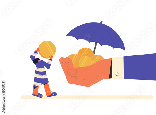 Financial literacy and insurance. Money savings and protection. Tiny young woman with huge hand of coins under an umbrella. Vector color flat illustration.