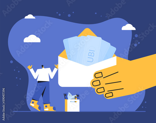 Universal basic income. UBI. Benefit or stipend for people. Unconditional guarantee. Living stipend. Governmental public program for a periodic payment. Financial protection. Vector illustration.