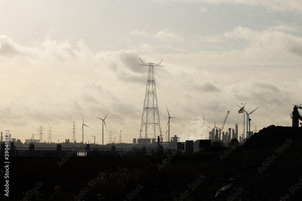 Coast view silhouette electric plant lake river Coast view silhouette electric plant lake river