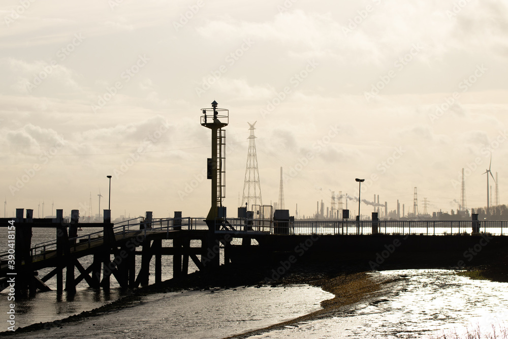 Coast view silhouette electric plant  lake river