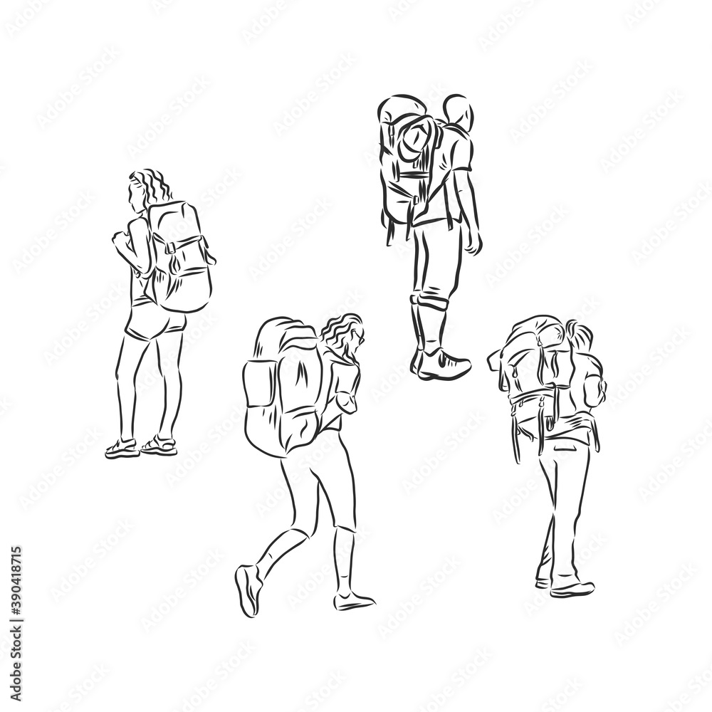 tourist with a backpack vector sketch illustration. Sketch of man with backpack on top of mountain Hand drawn vector illustration