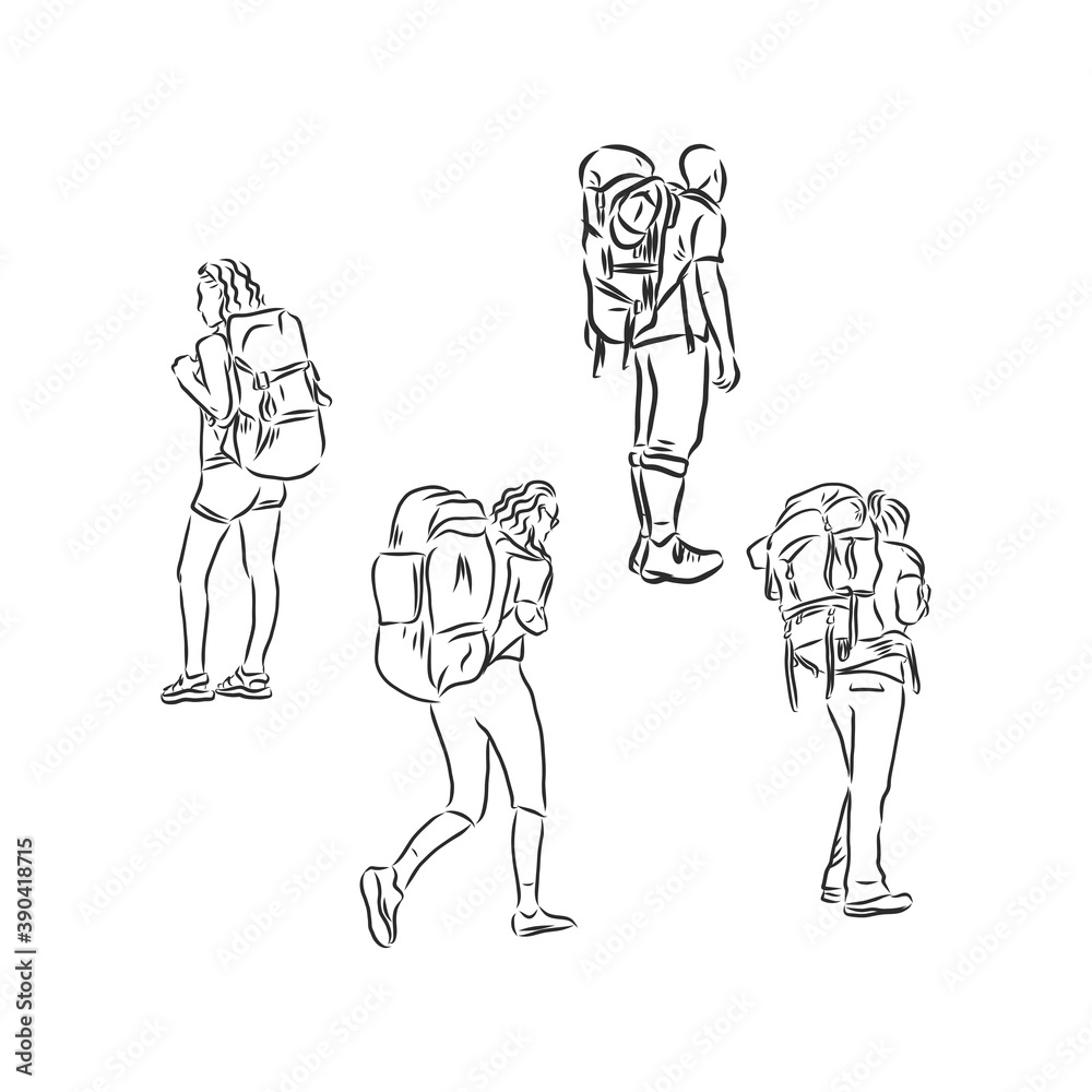 Fototapeta premium tourist with a backpack vector sketch illustration. Sketch of man with backpack on top of mountain Hand drawn vector illustration