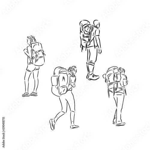 tourist with a backpack vector sketch illustration. Sketch of man with backpack on top of mountain Hand drawn vector illustration