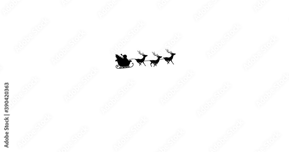 Digital animation of black silhouette of santa claus and christmas tree in sleigh Digital animation of black silhouette of santa claus and christmas tree in sleigh