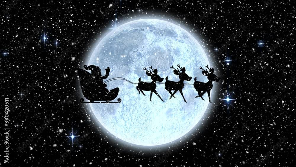 Digital animation of snow falling over black silhouette of santa claus in sleigh Digital animation of snow falling over black silhouette of santa claus in sleigh