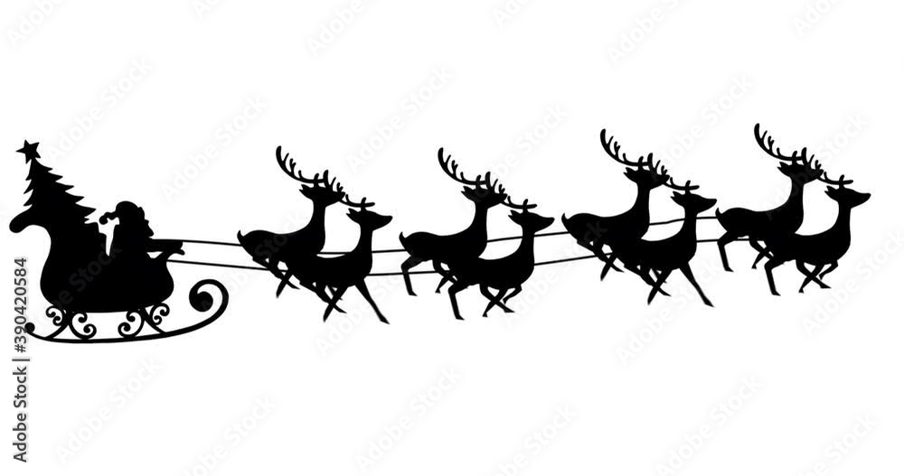 Digital animation of black silhouette of santa claus in sleigh being pulled by reindeers Digital animation of black silhouette of santa claus in sleigh being pulled by reindeers