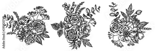 Flower bouquet of black and white roses, anemone, eucalyptus, lavender, peony, viburnum