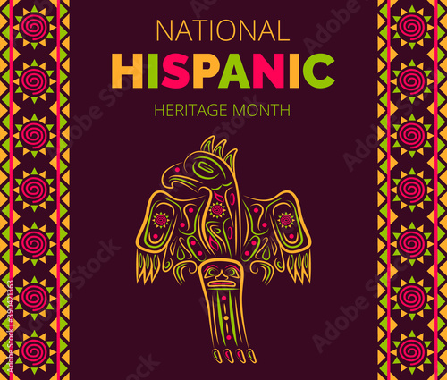Latino American poncho ornament vector for greeting card. Parrot, cockatoo, eagle, toucan illustration embroidery. National Hispanic Heritage Month.