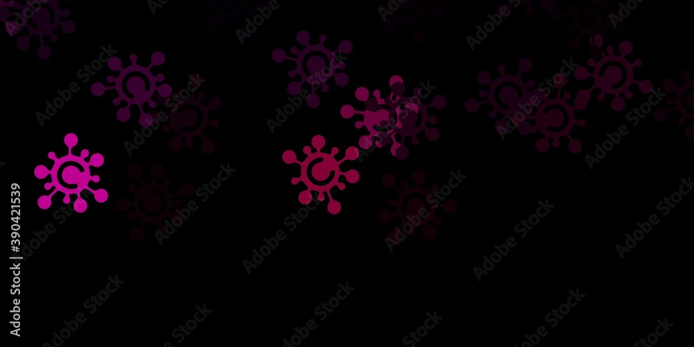 Dark pink vector background with covid-19 symbols.