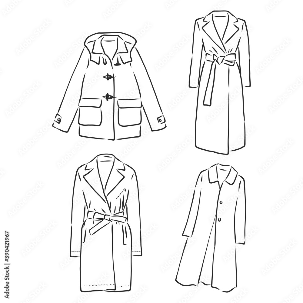 Trench coat icon. Fashion garment symbol. Technical drawing of garment ...