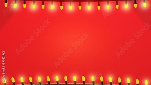 Christmas lights background. String lights frame with space for text, red tones, horizontal composition. 3D rendering.