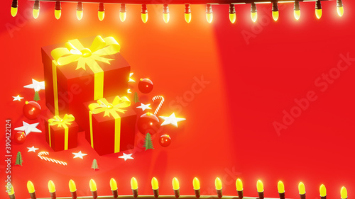 Christmas presents with string lights frame. Holidays background. Red tones, with space for text, horizontal composition. 3D rendering.