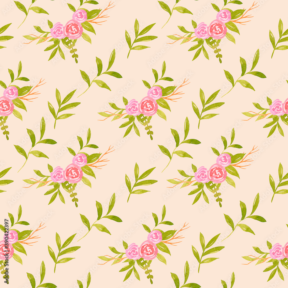 Watercolor pink flower bouquets with green leaves seamless pattern. Hand drawn spring background for fabric prints, textile, greeting cards, invitations.