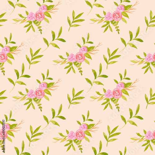 Watercolor pink flower bouquets with green leaves seamless pattern. Hand drawn spring background for fabric prints, textile, greeting cards, invitations.