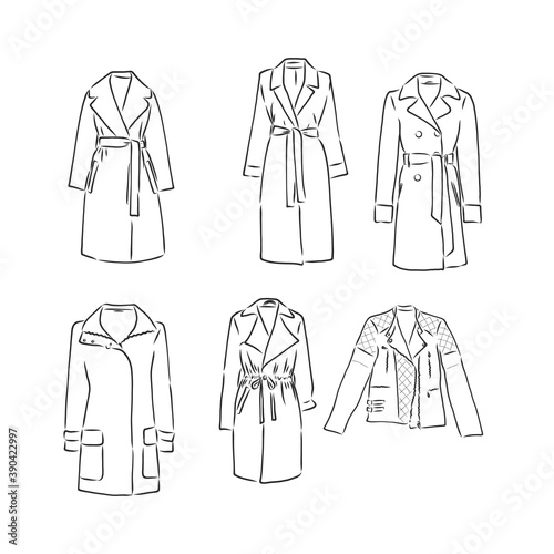 Trench coat icon. Fashion garment symbol. Technical drawing of garment for design  logo  advertising banner. coat vector sketch illustration