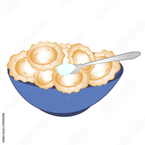 A bowl of dumplings with sour cream.