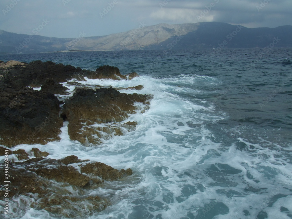 Waves crashing on the shore in Korcula, Croatia, in the Adriatic