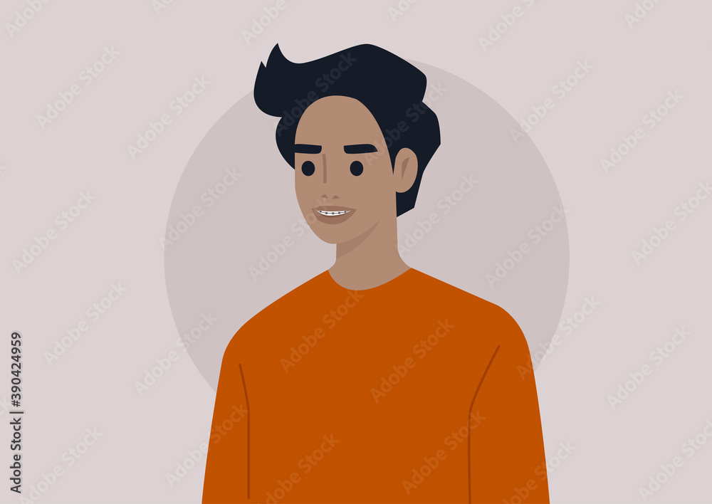 A young male character wearing teeth braces, a beautiful smile, dental care A young male character wearing teeth braces, a beautiful smile, dental care