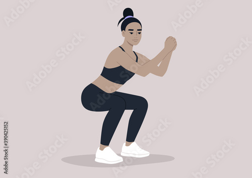 A young female Asian character doing squats, a workout scene, sport outfit