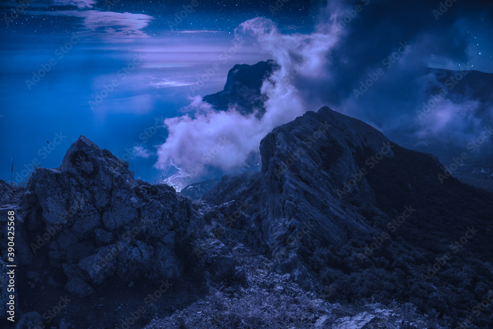 Gorgeous Crimea mountain valley at night