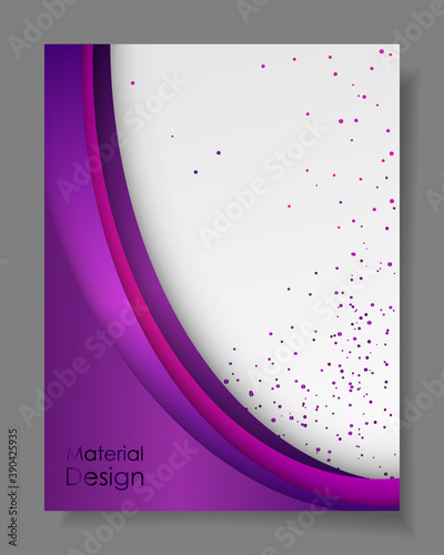 Poster with purple, violet dust, sparkles, glitter, white paper and space for text, material design. Vector illustration.
