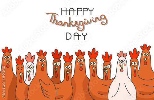 Happy thanksgiving day greeting card. A crowd of hens, turkeys' and roosters front view. Cartoon Symbol of poultry and thanks giving day. Cute vector flat design illustration