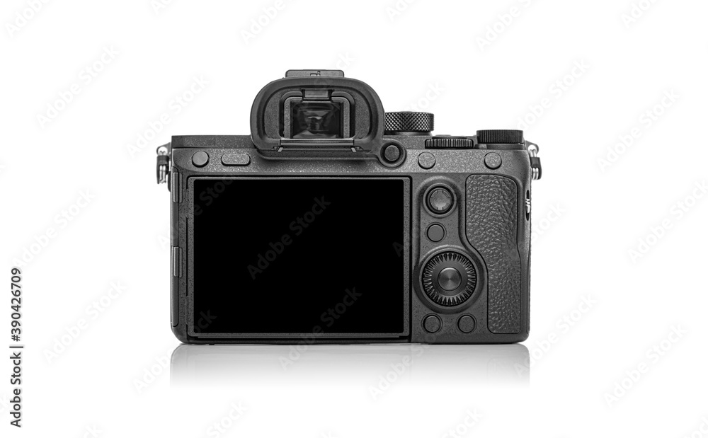 Black photo camera isolated on white background.